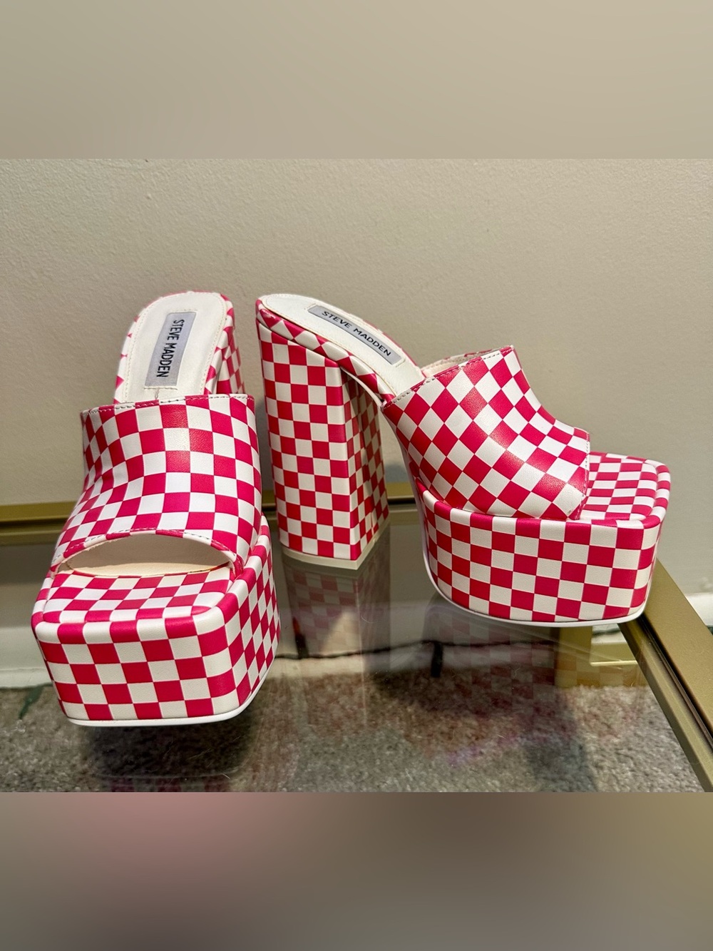 Steve Madden Trixie Platform Sandals Block Heel Pink/White Checkered Size 6 - Picture 4 of 7